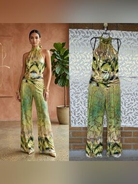 VavaVoom Gold Metallic Halter Jumpsuit Green Y2K Cyber Glam Wide Leg Open Back M